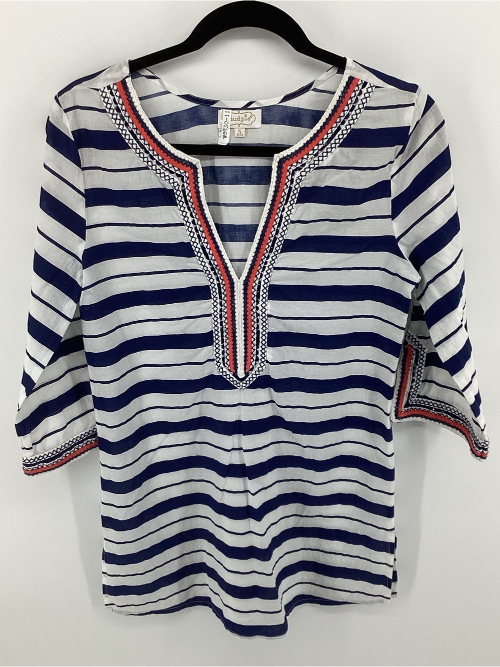 Mud Pie Navy and White Striped Embroidered V-Neck Tunic
